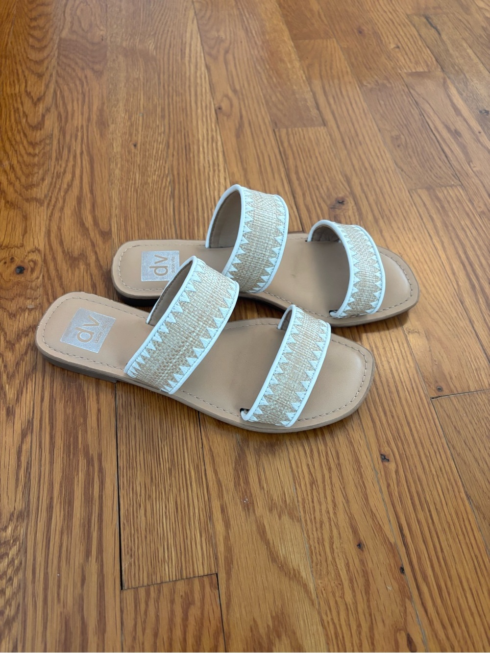 DV by Dolce Vita White and Tan Double-Strap Slide Sandals